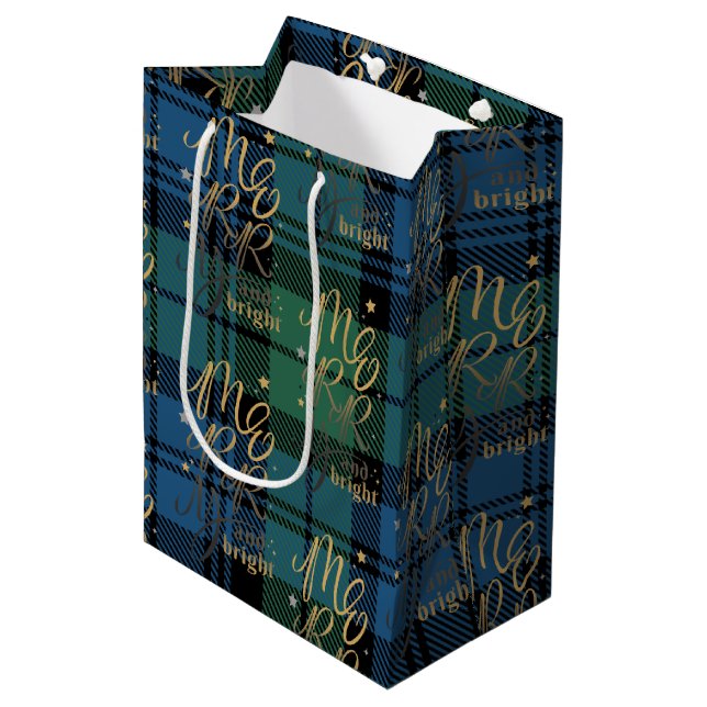 Bolsa De Regalo Mediana Navidades Tartán Script Green Blue Check Plage (Angulo Anverso)