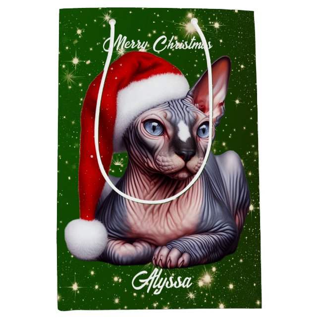 Bolsa De Regalo Mediana Navidades verdes de Sphynx Cat Bonito (Anverso)