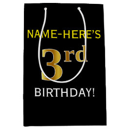 Bolsa De Regalo Mediana Negro, Faux Gold 3º cumpleaños + Nombre personaliz
