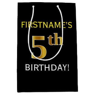 Bolsa De Regalo Mediana Negro, Faux Gold 5 cumpleaños + nombre personaliz