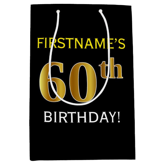Bolsa De Regalo Mediana Negro, Faux Gold 60th Birthday + Nombre personaliz (Anverso)