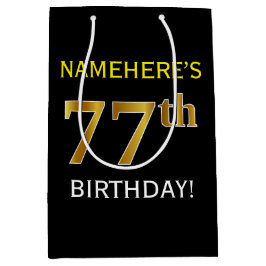 Bolsa De Regalo Mediana Negro, Faux Gold 77th Birthday + Nombre personaliz