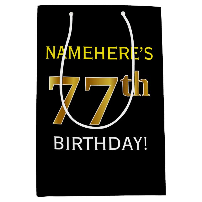 Bolsa De Regalo Mediana Negro, Faux Gold 77th Birthday + Nombre personaliz (Anverso)