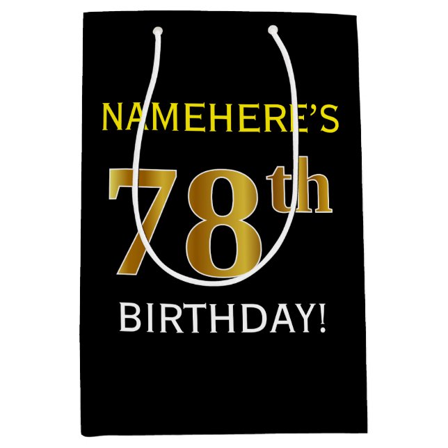 Bolsa De Regalo Mediana Negro, Faux Gold 78th Birthday + Nombre personaliz (Anverso)