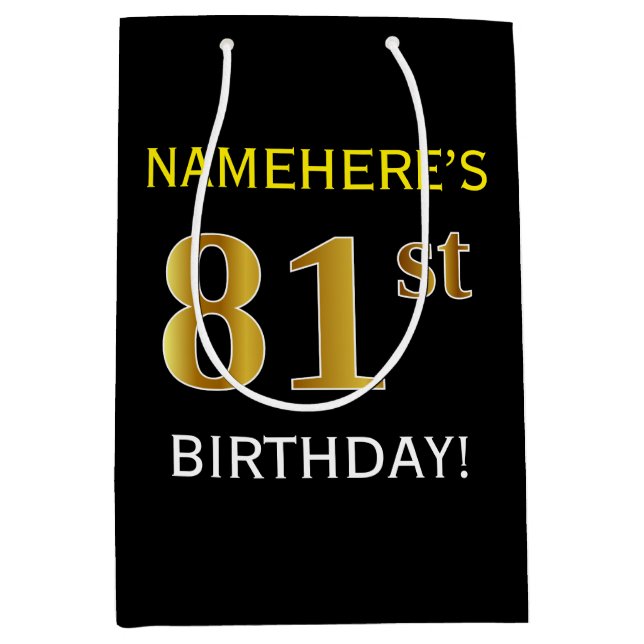 Bolsa De Regalo Mediana Negro, Faux Gold 81st Birthday + Nombre personaliz (Anverso)
