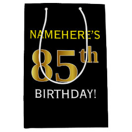 Bolsa De Regalo Mediana Negro, Faux Gold 85th Birthday + Nombre personaliz