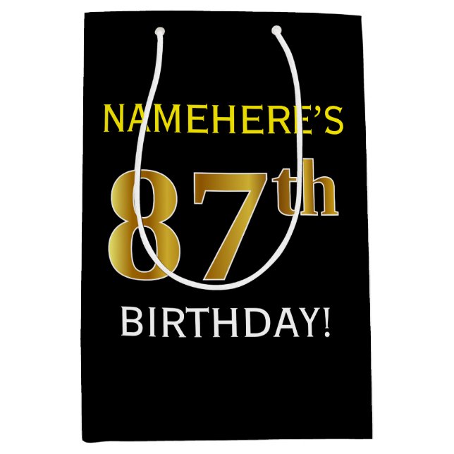 Bolsa De Regalo Mediana Negro, Faux Gold 87th Birthday + Nombre personaliz (Anverso)