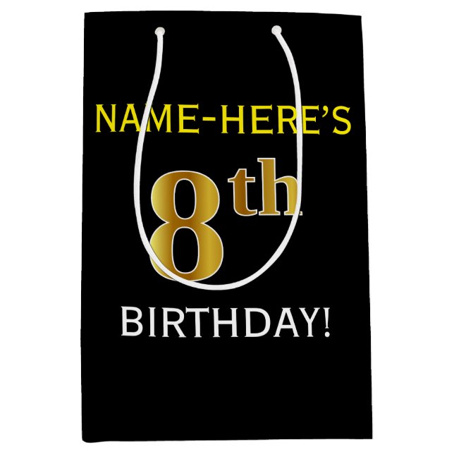 Bolsa De Regalo Mediana Negro, Faux Gold 8Cumpleaños + Nombre Personalizad (Anverso)