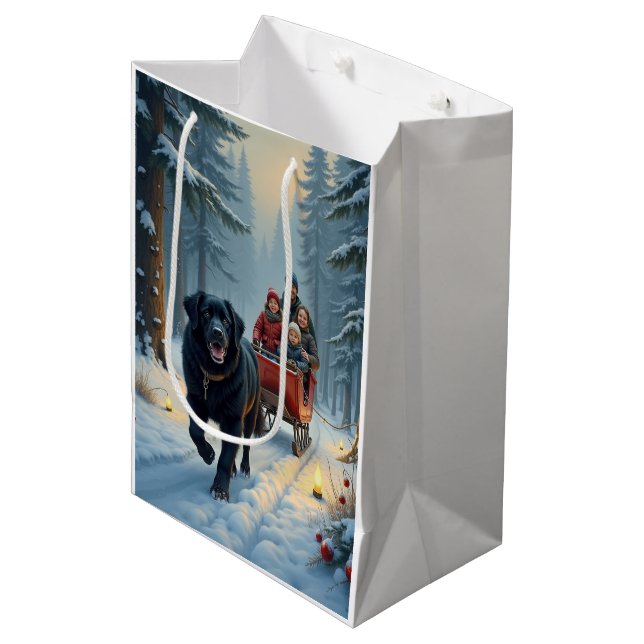 Bolsa De Regalo Mediana Newfoundland Dog Snowy Sleigh Ride Christmas (Angulo Anverso)