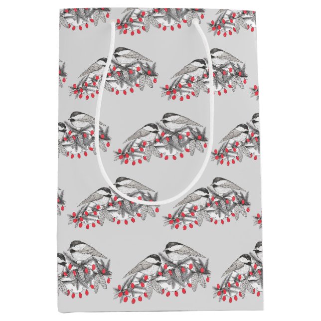 Bolsa De Regalo Mediana Nieve feriada para Navidades de invierno con aves  (Anverso)