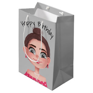 Bolsa De Regalo Mediana Niña de cumpleaños de dibujos animados sobre gris