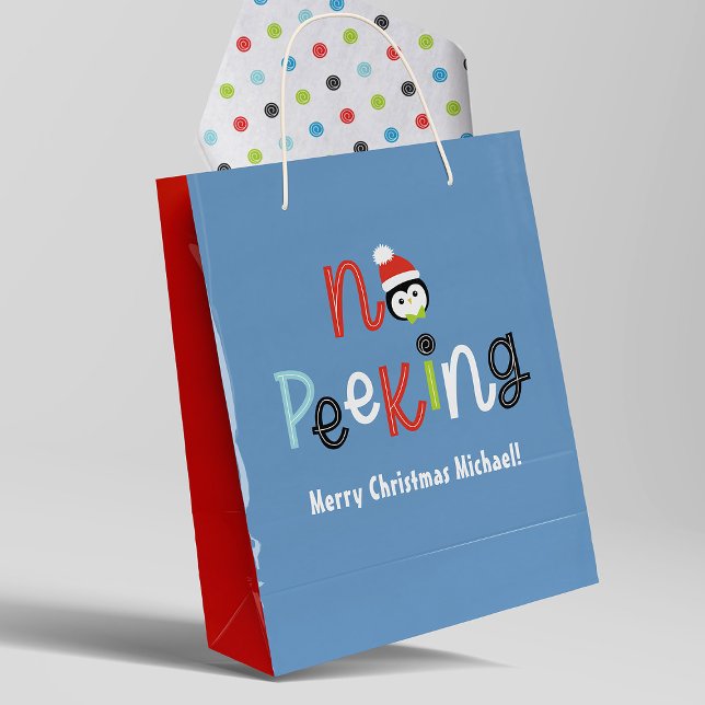 Bolsa De Regalo Mediana No hay Navidades de niños extravagantes (Cute kids Christmas gift bag with the words, No Peeking. coordinating tissue paper sold separately.)