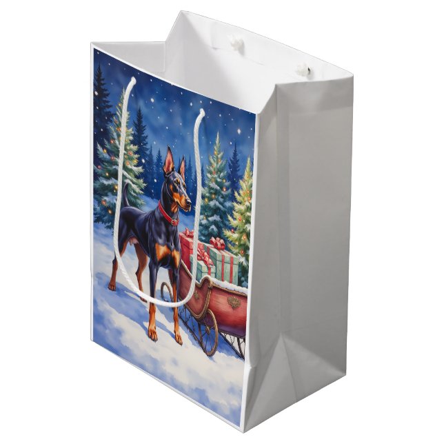 Bolsa De Regalo Mediana Noble Doberman Guarding Christmas Sleigh Winter (Angulo Anverso)