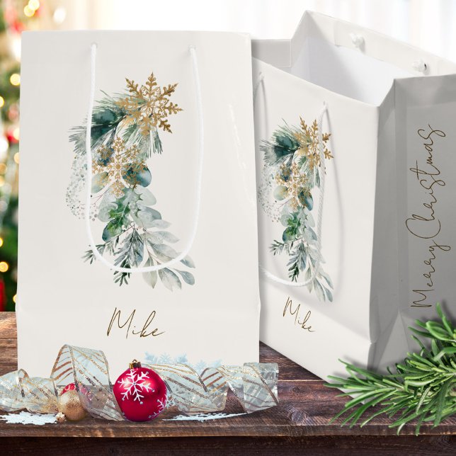 Bolsa De Regalo Mediana Nombre acuarela Foliage moderno Feliz Navidad (Subido por el creador)