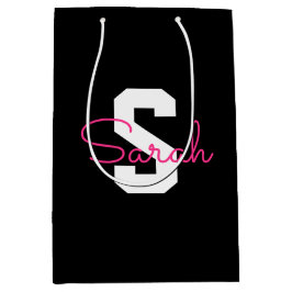 Bolsa De Regalo Mediana Nombre Bonito & Monograma | Negro Blanco & Rosa