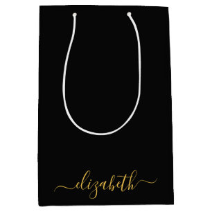 Bolsa De Regalo Mediana Nombre con letra script de monograma de oro negro