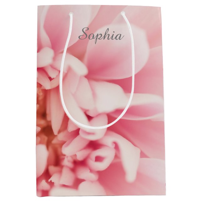 Bolsa De Regalo Mediana Nombre de guión gris, flor rosa grande (Anverso)