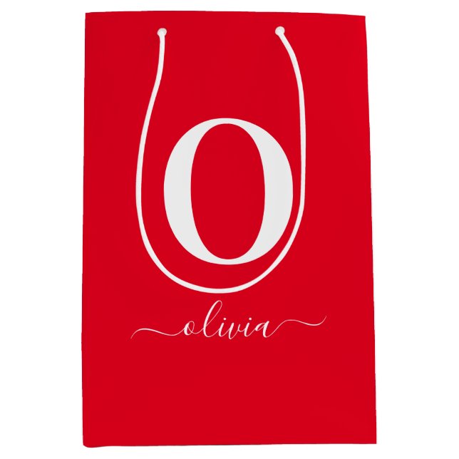 Bolsa De Regalo Mediana Nombre De Guión Monograma Personalizado Rojo Y Bla (Anverso)
