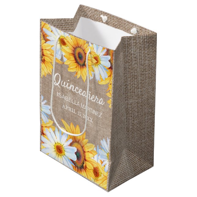 Bolsa De Regalo Mediana Nombre de la Quinceañera de los Sunflowers White D (Angulo Anverso)
