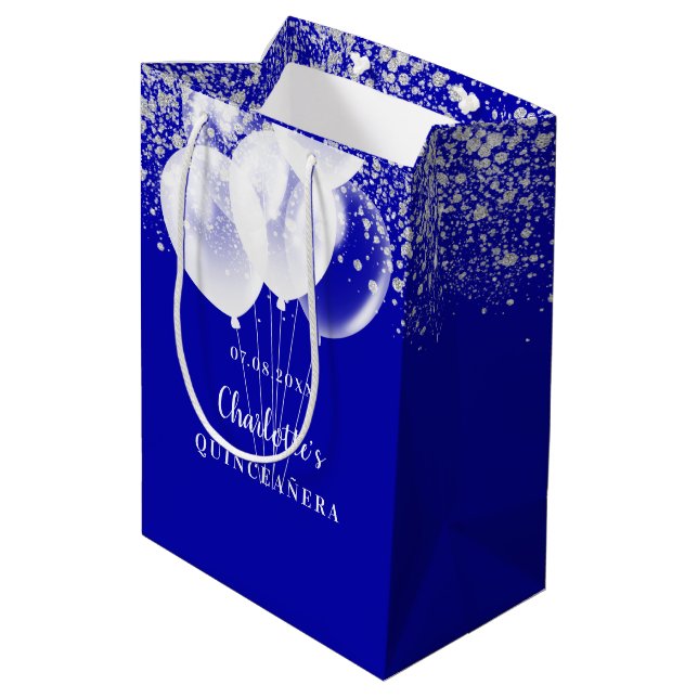 Bolsa De Regalo Mediana Nombre de los globos de purpurina azul real Quince (Angulo reverso)