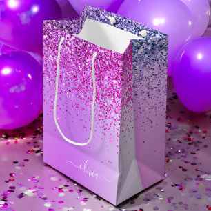 Bolsa De Regalo Mediana Nombre de monograma de metal con destellos de purp