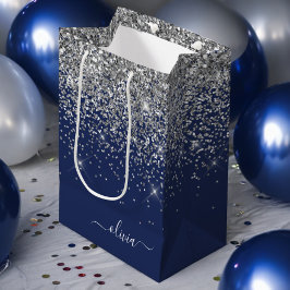 Bolsa De Regalo Mediana Nombre de monograma femenino con brillo azul marin