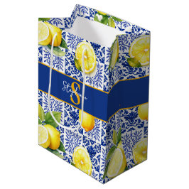 Bolsa De Regalo Mediana Nombre de patrón de baldosas blancas y azul limón 