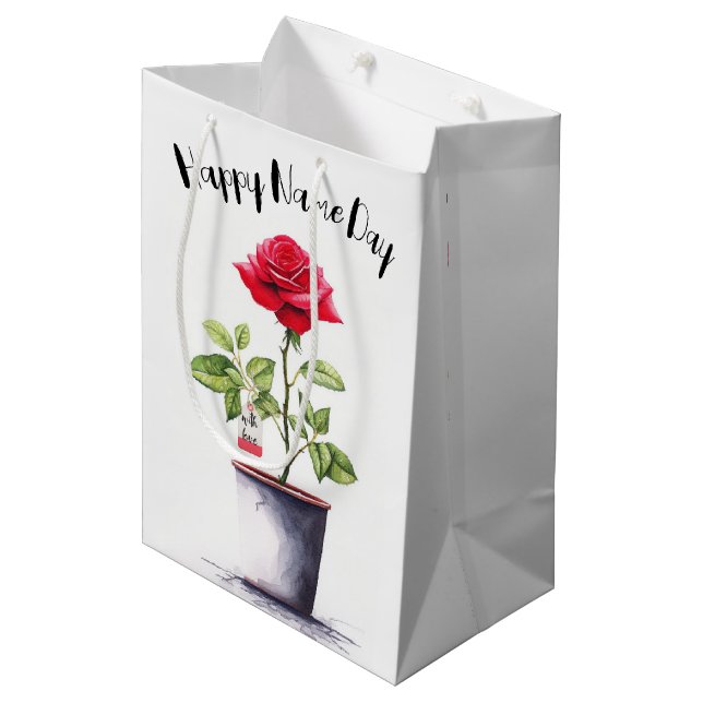 Bolsa De Regalo Mediana Nombre Día Acuarela Rosa Roja (Angulo Anverso)
