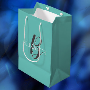 Bolsa De Regalo Mediana Nombre e inicial personalizados, texto B/N, verde 