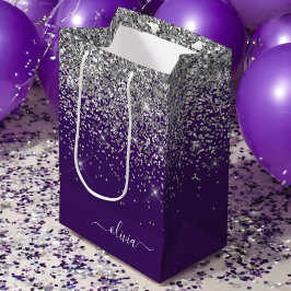 Bolsa De Regalo Mediana Nombre Monograma Glitter Rosa Plateado Mujer