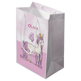 Bolsa De Regalo Mediana Nombre personalizado 4º cumpleaños Caballo rosa co