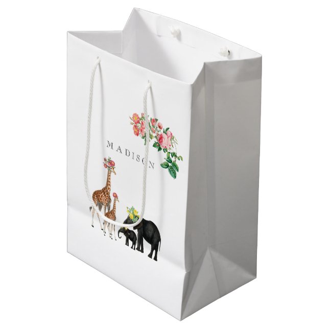 Bolsa De Regalo Mediana Nombre personalizado de elefante cutáneo y jirafa  (Angulo Anverso)