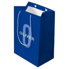 Bolsa De Regalo Mediana Nombre personalizado en monograma azul y blanco