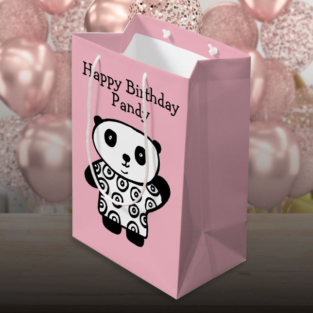Bolsa De Regalo Mediana Nombre personalizado Panda Pink Happy Birday (Personalized Name Panda Pink Happy Birthday Medium Gift Bag)