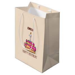 Bolsa De Regalo Mediana Nombre personalizado, primer cumpleaños, pastel ro