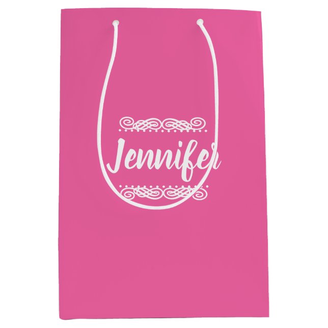 Bolsa De Regalo Mediana Nombre Personalizado Rosa Y Blanco (Anverso)