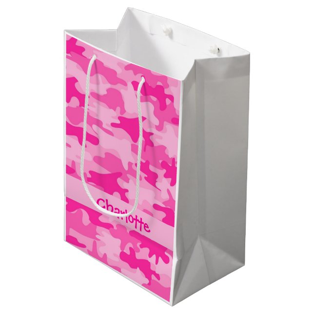 Bolsa De Regalo Mediana Nombre rosado fucsia del camuflaje personalizado (Angulo Anverso)