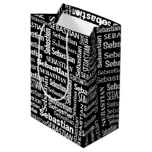 Bolsa De Regalo Mediana Nombre SEBASTIANO Blanco En Negro