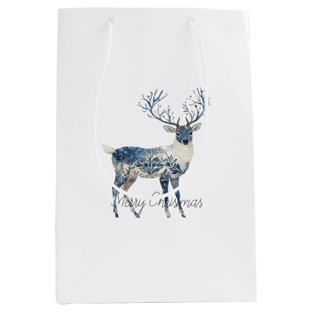 Bolsa De Regalo Mediana Nordic Blue White Deer Christmas (Anverso)