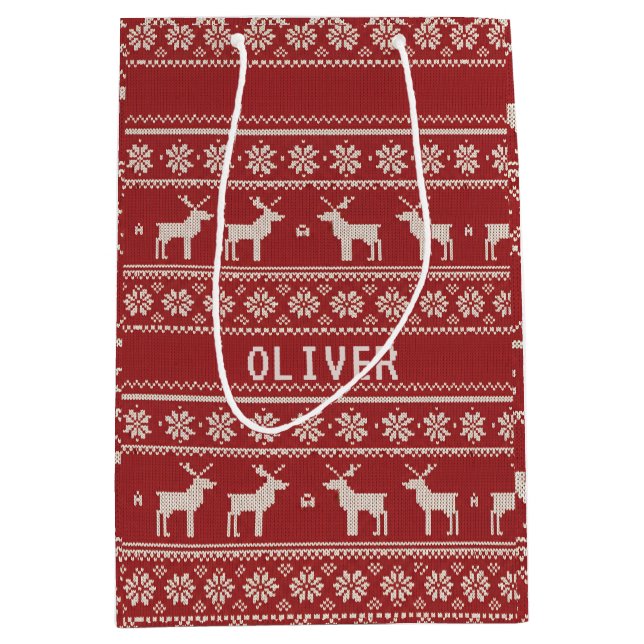 Bolsa De Regalo Mediana Nordic Reindeer Knit Pattern Personalized (Anverso)