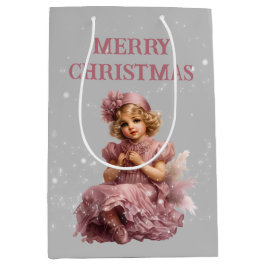 Bolsa De Regalo Mediana Nostálgica Feliz Navidad en rosa helado