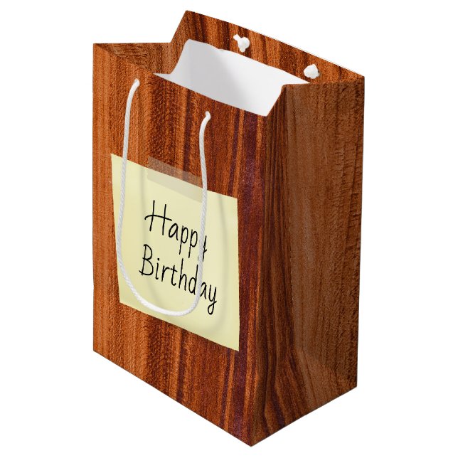Bolsa De Regalo Mediana Nota de Feliz Cumpleaños en Madera (Angulo Anverso)