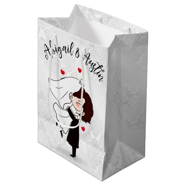 Bolsa De Regalo Mediana Novia y Groom en Satin Damask (Angulo Anverso)