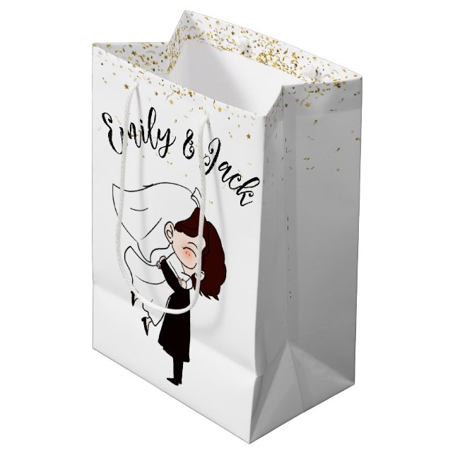 Bolsa De Regalo Mediana Novia y novio en el Confetti de oro (Angulo Anverso)