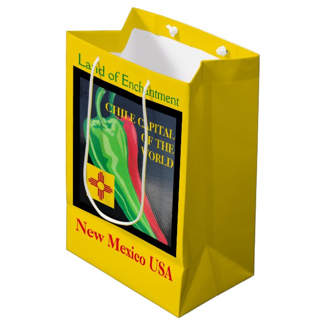 Bolsa De Regalo Mediana Nuevo México Chile Tierra de Encanto Rojo o Verde (Angulo Anverso)