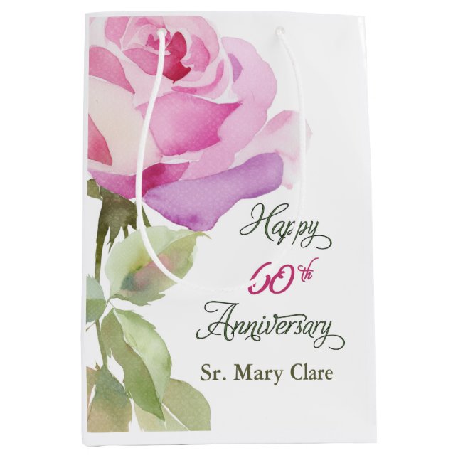 Bolsa De Regalo Mediana Nun 60th Anniversary Jubilee Custom Name Pink Rose (Anverso)