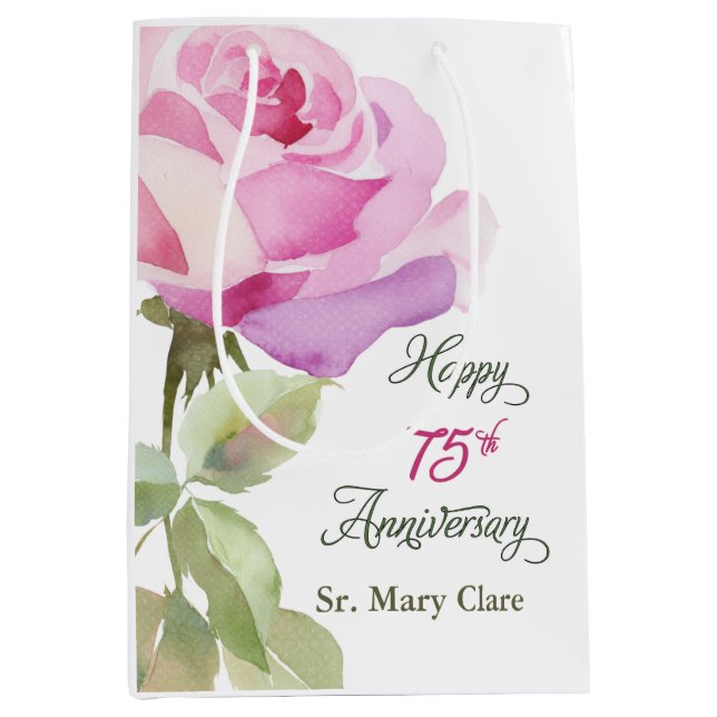 Bolsa De Regalo Mediana Nun Personalize 75th Anniversary Pink Rose (Anverso)