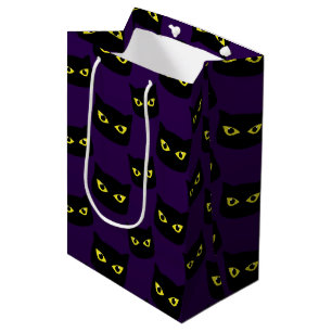 Bolsa De Regalo Mediana Ojos amarillos de gato negro y púrpura Patrón de H