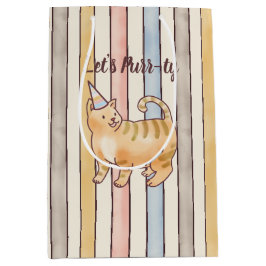 Bolsa De Regalo Mediana Orange Watercolor Cat, Pink, Yellow, Blue Stripes 
