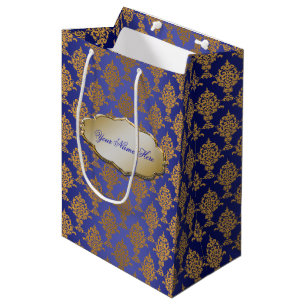 Bolsa De Regalo Mediana Oro del damasco en etiqueta del azul real